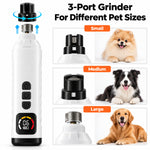 Pet nail grinder with three grinding-port options illustrated alongside small, medium, and large dogs.
