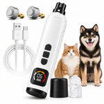 White pet nail grinder shown with two replacement grinding heads, a USB charging cable, a black cap, and a clear dust cover.

