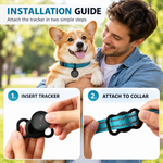 Installation guide showing a person inserting the black tracker into its holder and attaching the holder to a pet collar.
