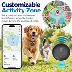Dog and cat wearing black pet trackers beside a smartphone map and a highlighted circular activity zone showing a configured area.
