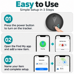 Three-step setup guide showing how to press the tracker button, add a new item in the Find My app, and name the item to complete setup.
