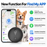 Black round pet tracker beside a smartphone location screen and feature panels describing Apple Find My compatibility, tracking, replaceable battery, connection, and sound reminder.
