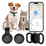 Petlivate pet tracker product overview showing a black round tracker, attachment accessories, and compatible app location screen beside a dog and cat.
