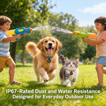 Dog and cat wearing black pet trackers outdoors while playing in a garden; image highlights the tracker's water and dust resistance.
