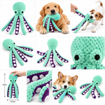 Petlivate plush octopus dog toy showing multiple views, textured plush material, dimensions and product details