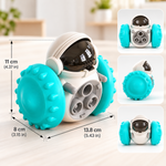 Petlivate lake blue treat dispensing pet toy with product dimensions of 13.8 cm long, 8 cm wide and 11 cm high.