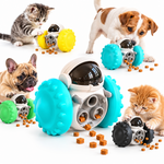 Petlivate interactive treat dispensing toy shown with cats and dogs in different color options during play.