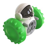 Petlivate green interactive treat dispensing pet toy with a white body, transparent lid and textured rolling wheels.
