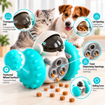 Petlivate interactive treat dispensing toy showing its transparent lid, textured wheels, treat dispensing openings and rolling design.
