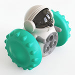 Petlivate lake blue interactive treat dispensing pet toy with a white body, dark transparent lid and textured wheels.