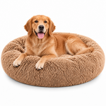 Round plush faux fur pet bed in warm brown with a Golden Retriever resting on it