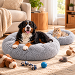 A black, white, and brown dog rests on a grey round plush pet bed while an orange tabby cat rests on a second bed in a warm living room; pet toys are nearby.
