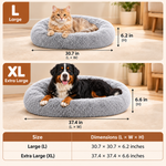 Size chart comparing Large and Extra Large round plush pet beds with listed dimensions.
