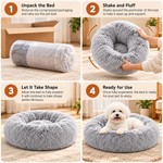 Four-step graphic showing a pet bed being unpacked, shaken, expanded, and used.

