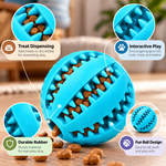 Petlivate interactive treat-dispensing dog ball with treat-holding grooves, textured surface, rubber material and interactive play design