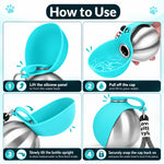 Four-step guide showing how to open the bowl, pour water, return unused water, and secure the bowl cover on a portable dog water bottle.
