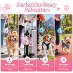Portable dog water bottles shown during walking, traveling, hiking, and outdoor exercise.
