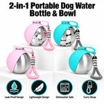 Portable dog water bottles in pink and blue, shown in different views with feature icons.

