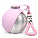 Pink portable dog water bottle with stainless steel body, foldable bowl cover, and pink wrist strap.
