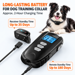 Black dog training collar receiver and LCD remote with charging cable, with an infographic listing approximate charging time and standby times.
