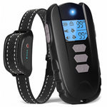 Black remote dog training collar with reflective white stitching and a handheld LCD remote on a white background.
