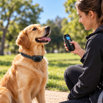 A woman holding the remote control while a golden dog wearing a black reflective training collar sits outdoors.
