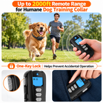 Dog wearing a black training collar beside a handheld remote, with graphics describing a 2,000 foot range and a one-key lock.
