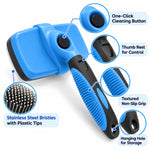 Blue and black self-cleaning pet grooming brush with callouts highlighting the cleaning button, handle grip, bristles with plastic tips, and hanging hole.
