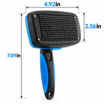 Blue and black grooming brush size diagram showing an overall length of 7.09 inches, a head width of 4.92 inches, and a head height of 2.56 inches.
