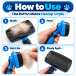 Four-step guide showing how to use the blue and black self-cleaning pet grooming brush: brush, press the button, lift away collected fur, and use again.
