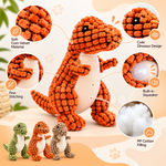 Orange plush dinosaur dog toy with textured corn velvet fabric, cream-colored belly, fine stitching, built-in squeaker, and PP cotton filling, with green, orange, and light brown variants.