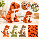 Squeaky dinosaur plush dog toy size guide showing 25cm and 50cm size options in multiple colors.